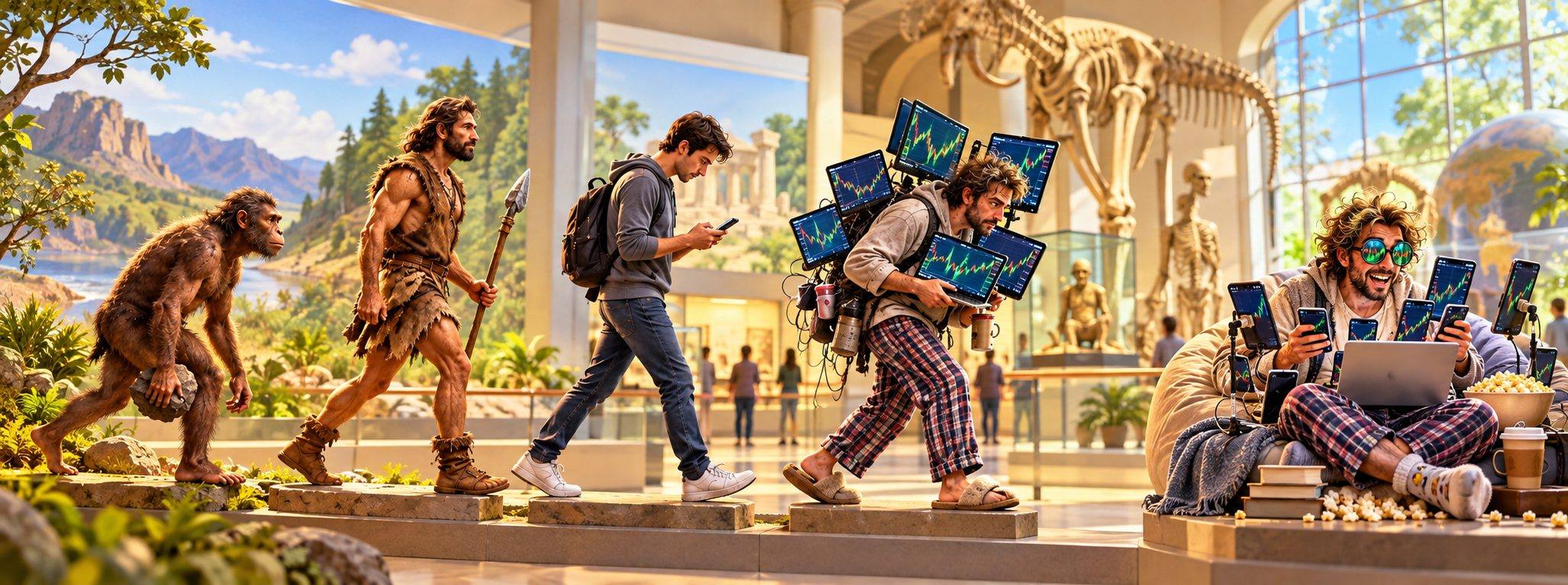 A playful evolution sequence from early ancestor to phone user, chart watcher and FOMO Sapien reaching for a glowing buy button